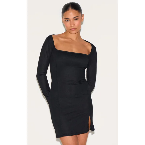 Petite Black Ribbed Long Sleeve Split Dress