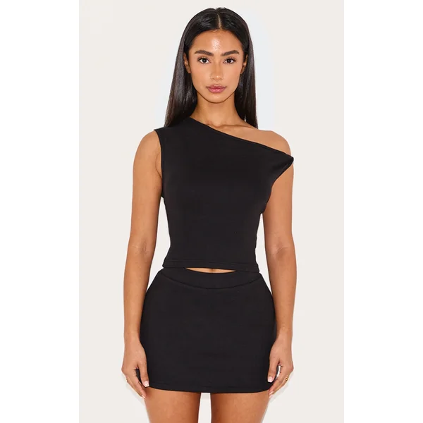 Petite Black Ribbed Twist Detail Top