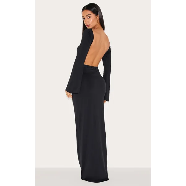Petite Black Ruched Open Back Maxi Dress