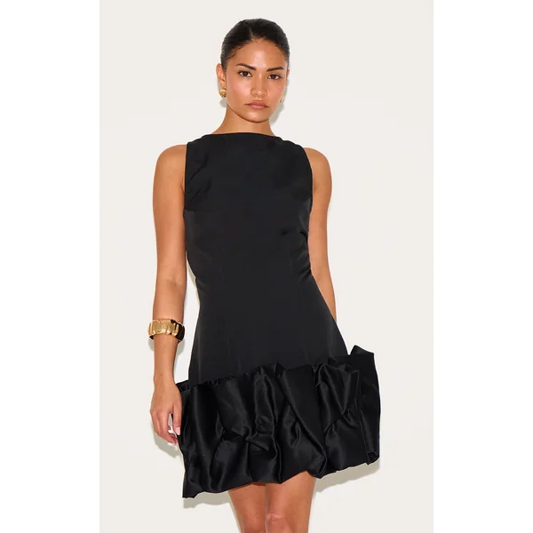 Petite Black Satin Puffball Mini Dress