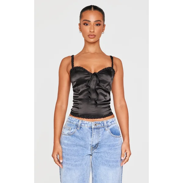 Petite Black Satin Rose Trim Detail Corset Top