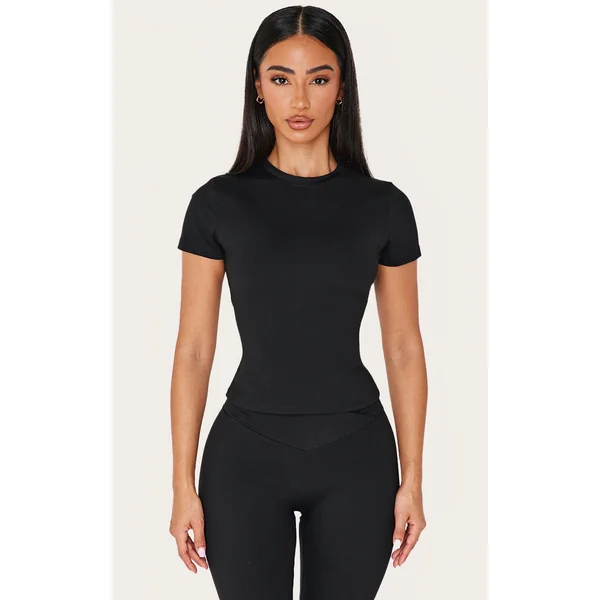 Petite Black Sculpt Longline Short Sleeve Gym Top