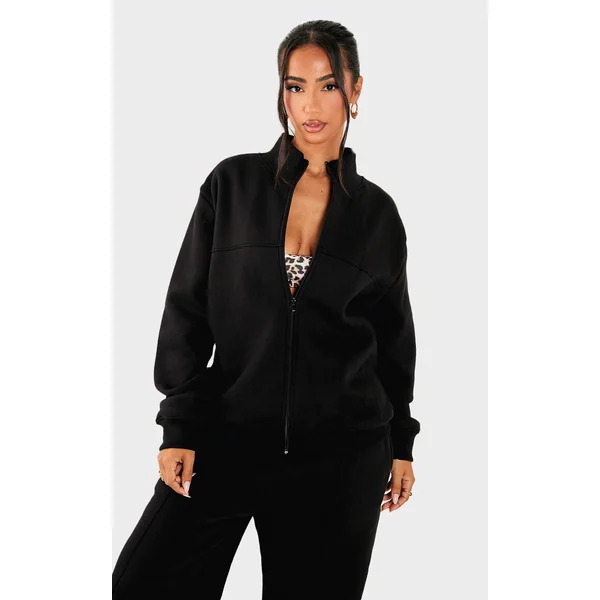 Petite Black Seam Detail Zip Through Track Top