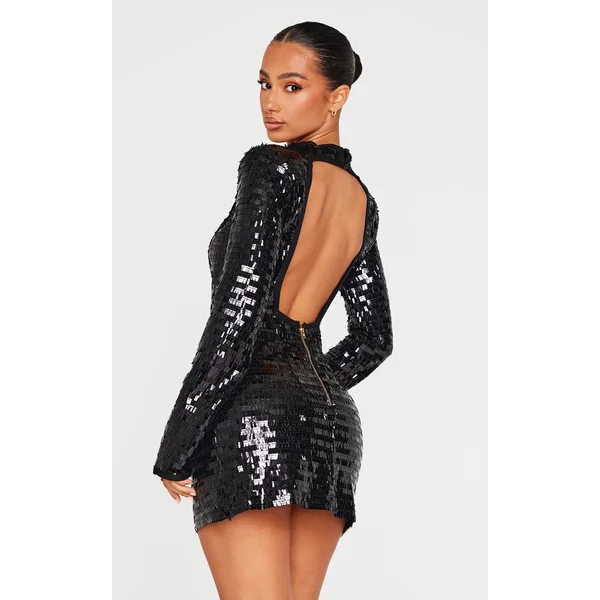 Petite Black Sequin Shoulder Pad Micro Mini Dress