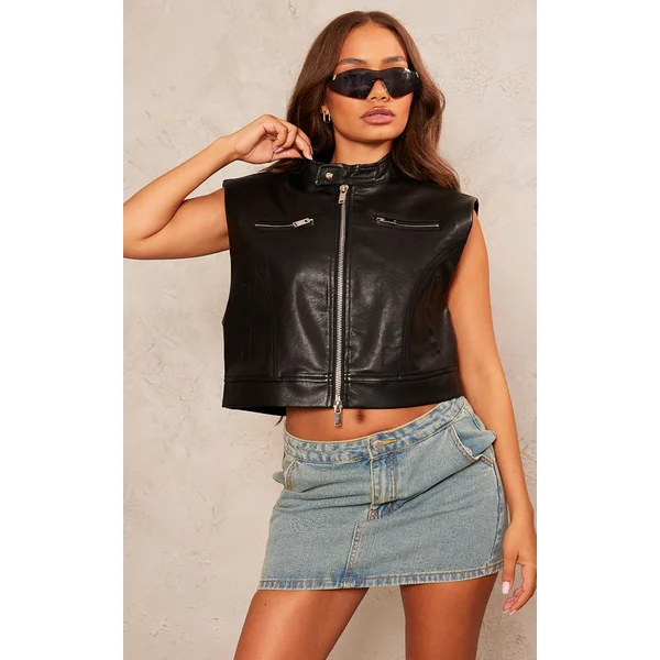 Petite Black Sleeveless Collared Faux Leather Vest