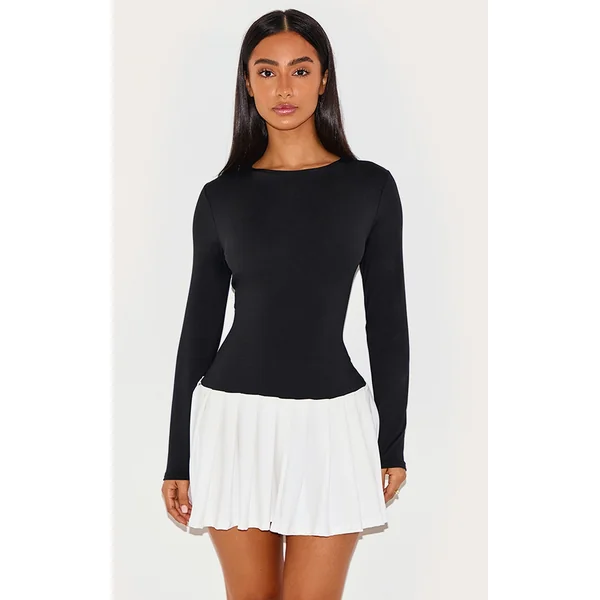 Petite Black Slinky Contrast Pleat Detail Long Sleeve Mini Dress