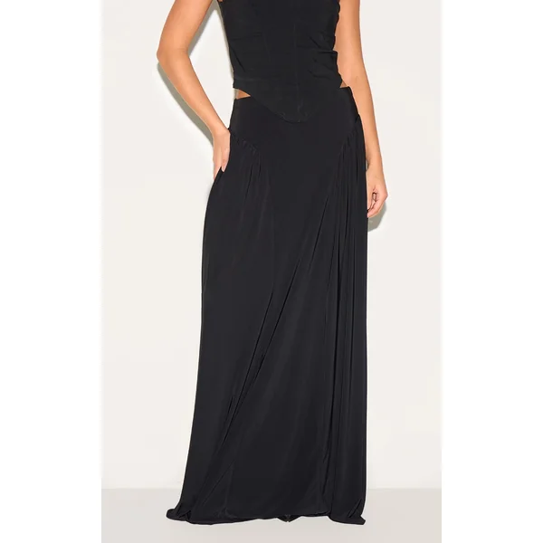 Petite Black Slinky Drop Waist Ruched Panel Maxi Skirt