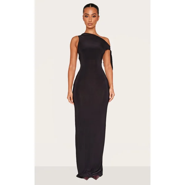 Petite Black Slinky Knot Detail Maxi Dress