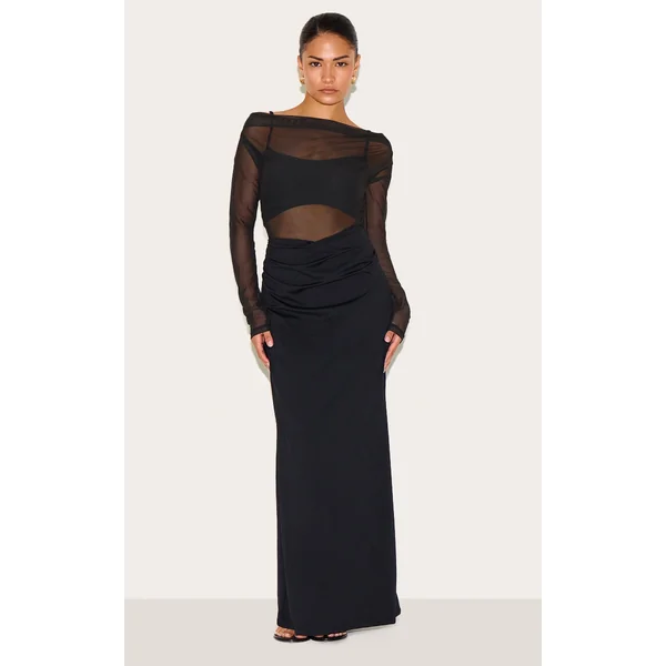 Petite Black Slinky Long Sleeve Maxi Dress With Mesh Details