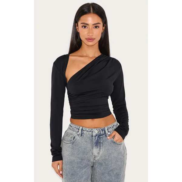 Petite Black Slinky Long Sleeve Ruched Side Top