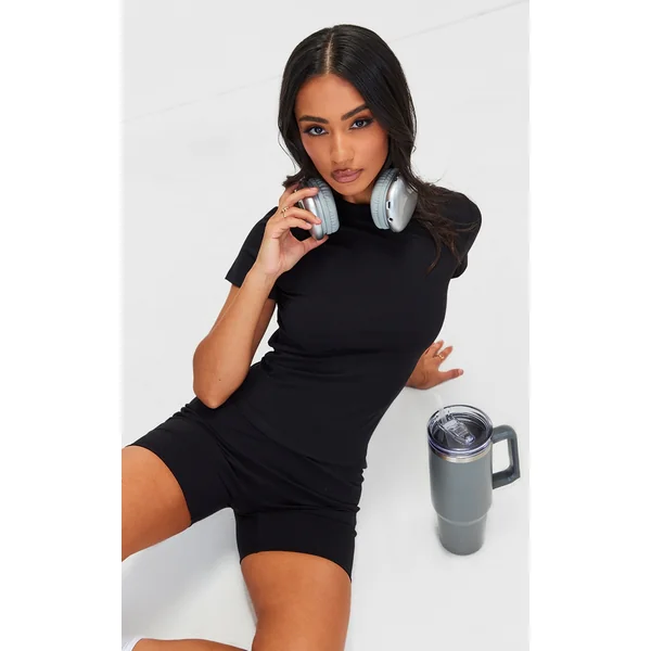 Petite Black Snatched Sculpt Cap Sleeve Top