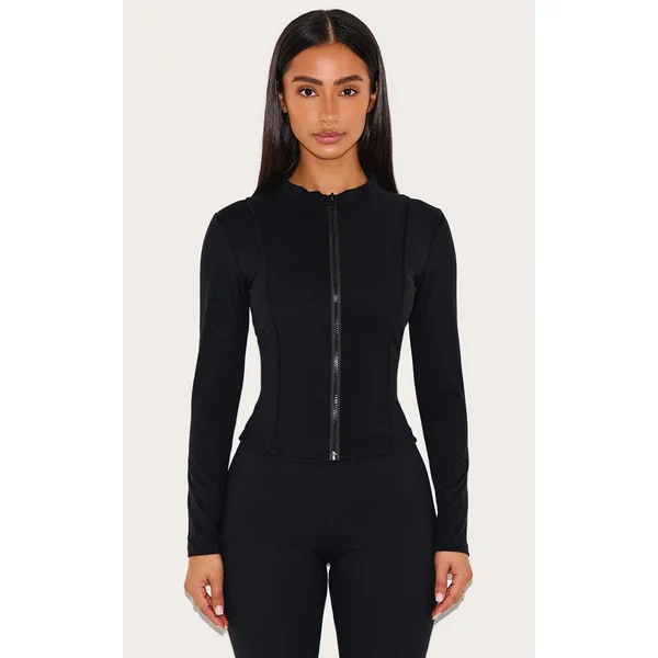 Petite Black Snatched Sculpt Seam Detail Zip Up Top