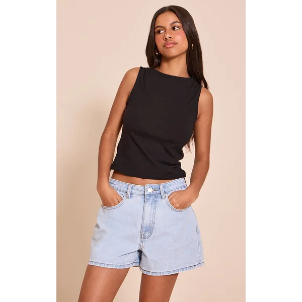 Petite Black Soft Cotton Boat Neck Sleeveless Top