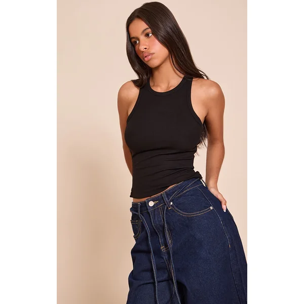 Petite Black Soft Rib Racer Neck Vest Top