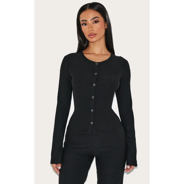 Petite Black Soft Touch Popper Long Sleeve Long Top