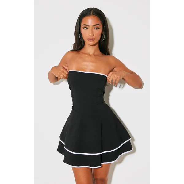 Petite Black Stretch Woven Contrast Tiered Shift Dress