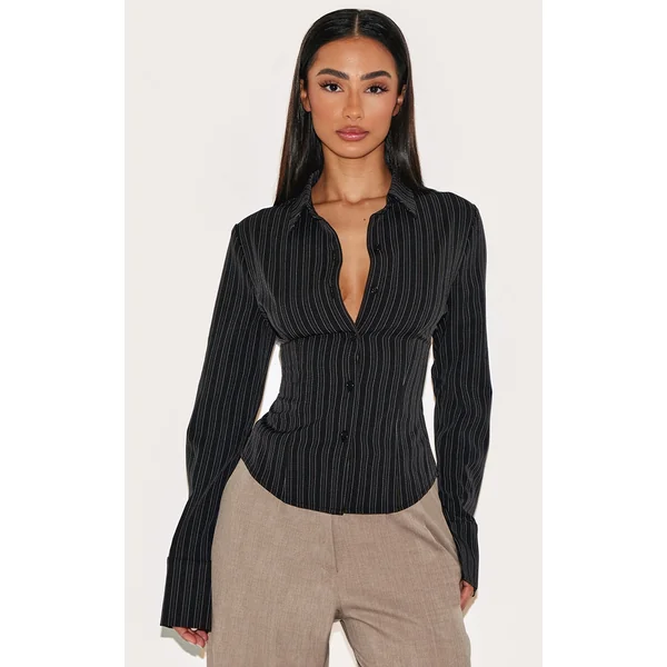 Petite Black Striped Long Sleeve Fitted Shirt