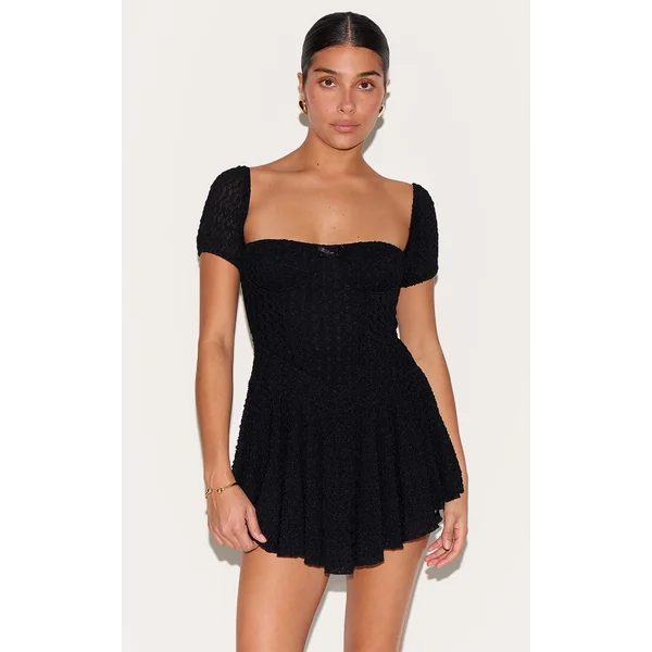 Petite Black Textured Bardot Puff Sleeve Mini Dress