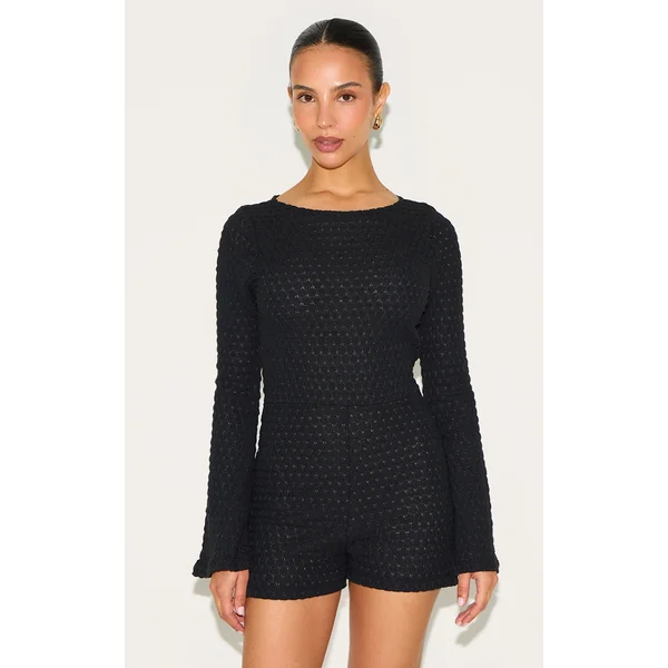 Petite Black Textured Jersey Long Sleeve Unitard