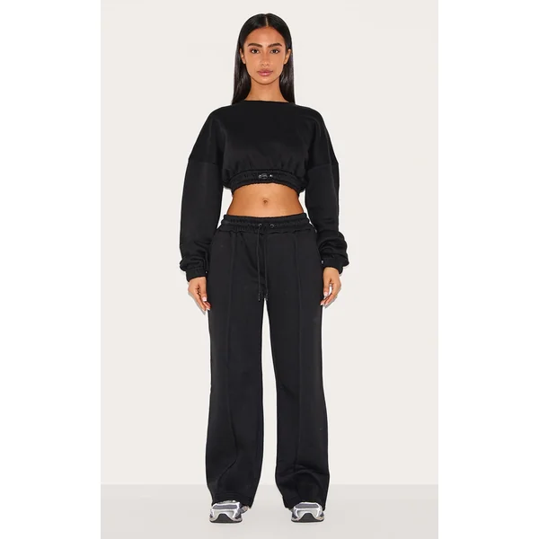 Petite Black Wide Leg Seam Detailed Sweatpants