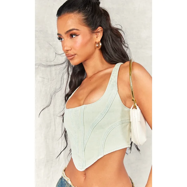 Petite Bleach Wash Denim Seam Detail Corset