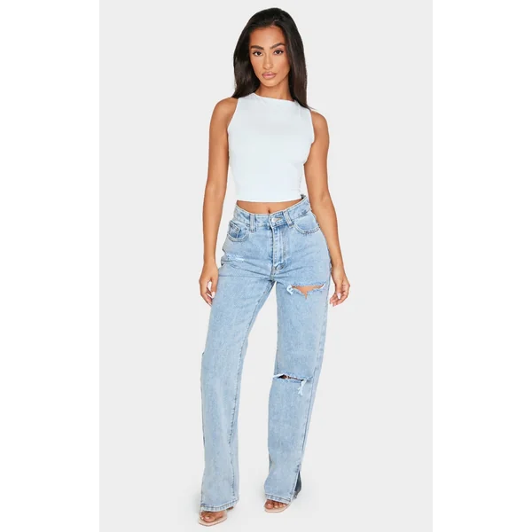 Petite Bleach Wash Ripped Split Hem Jeans