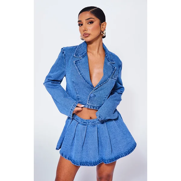 Petite Blue Cropped Denim Blazer