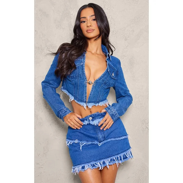 Petite Blue Denim Cropped Open Front Fitted Jacket