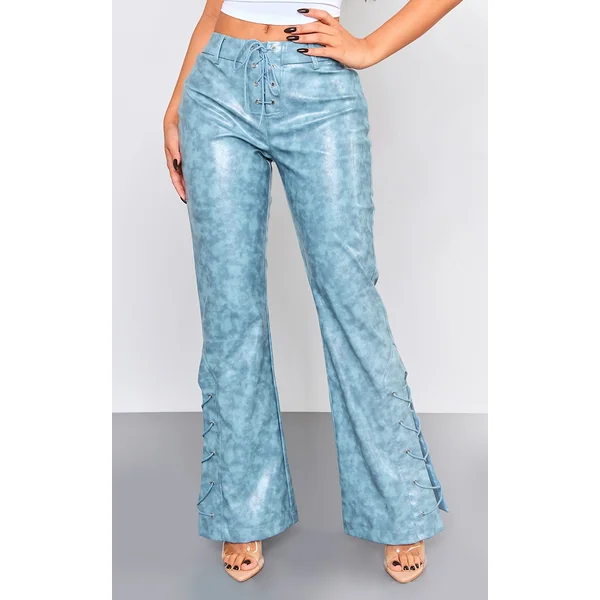 Petite Blue Faux Leather Lace Up Straight Leg Pants
