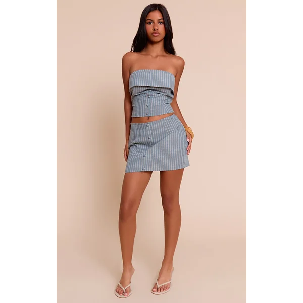 Petite Blue Pinstripe Button Up Mini Skirt