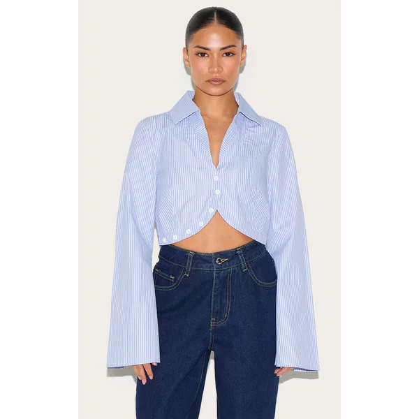 Petite Blue Pinstripe Cropped Long Sleeve Shirt