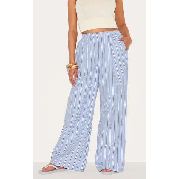 Petite Blue Pinstripe Elasticated Waist Wide Leg Pants