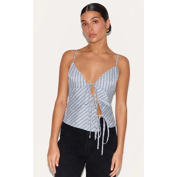 Petite Blue Pinstripe Tie Front Top