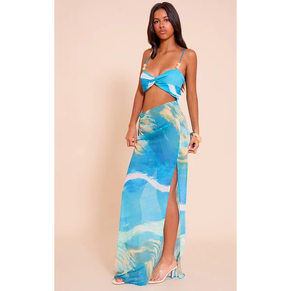 Petite Blue Printed Cut Out Detail Strappy Maxi Dress