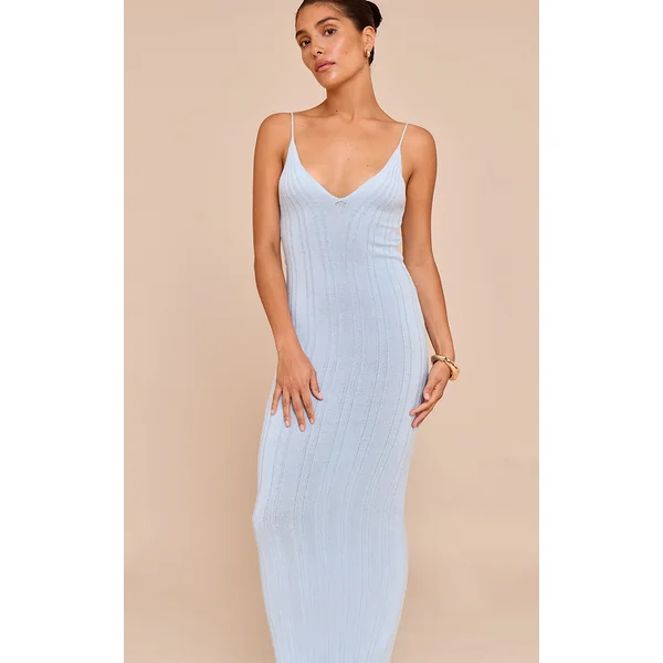 Petite Blue Strappy Knitted Stitch Detail Maxi Dress