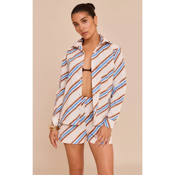 Petite Blue Stripe Linen Look Button Up Shirt