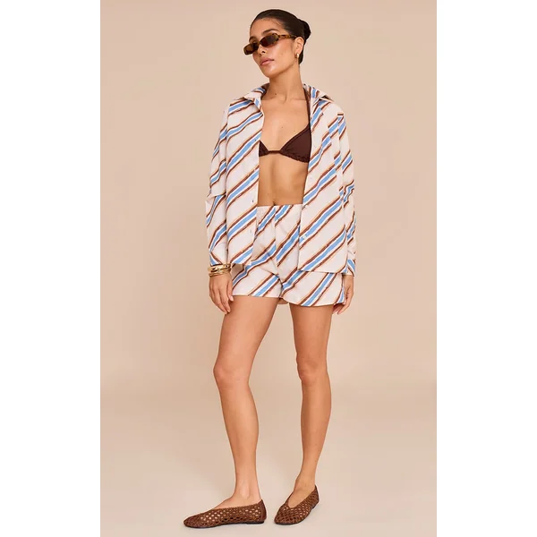 Petite Blue Stripe Linen Look High Rise Shorts