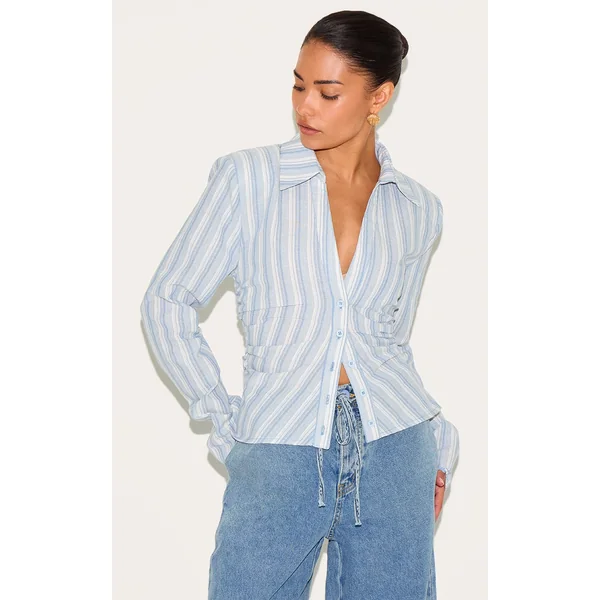 Petite Blue Stripe Linen Look Shoulder Padded Fitted Shirt