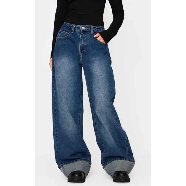 Petite Blue Wide Leg Turn Up Hem Jeans