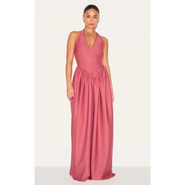 Petite Blush Rose Halter Neck Floaty Maxi Dress