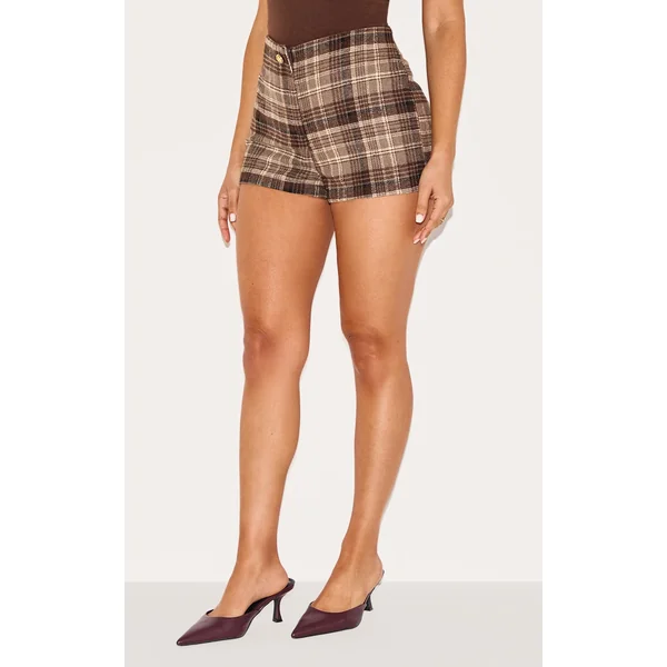 Petite Brown Check Tailored Mid Rise Shorts