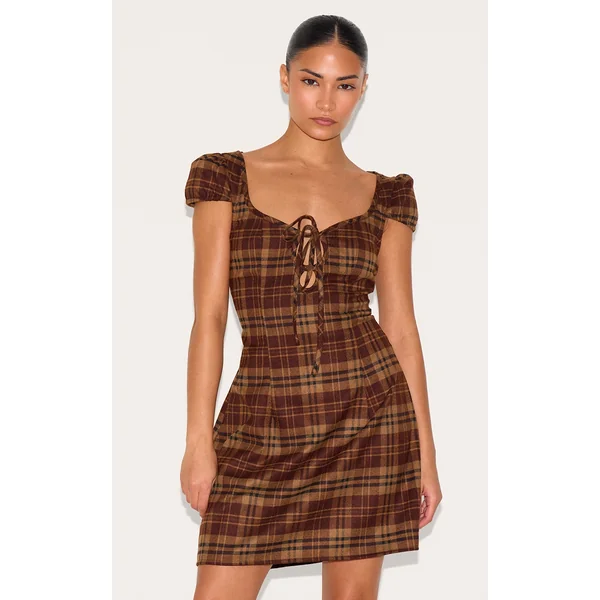 Petite Brown Checked Front Tie Mini Dress
