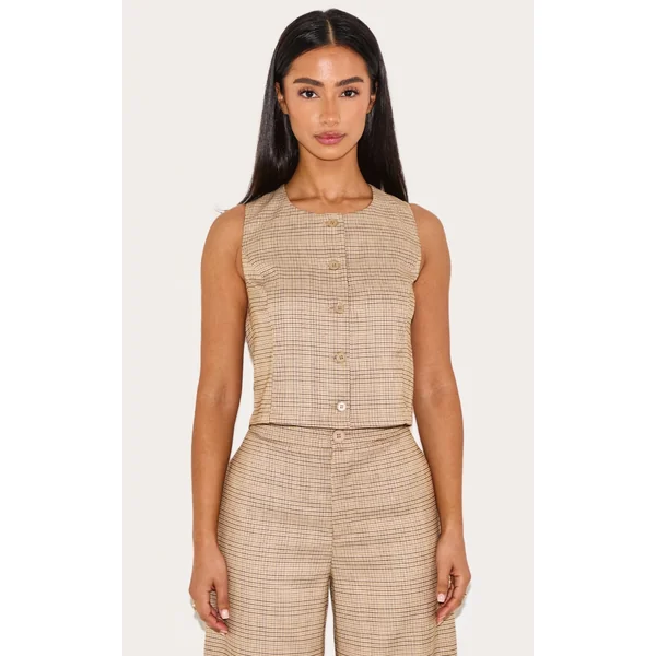 Petite Brown Checked Longline Vest