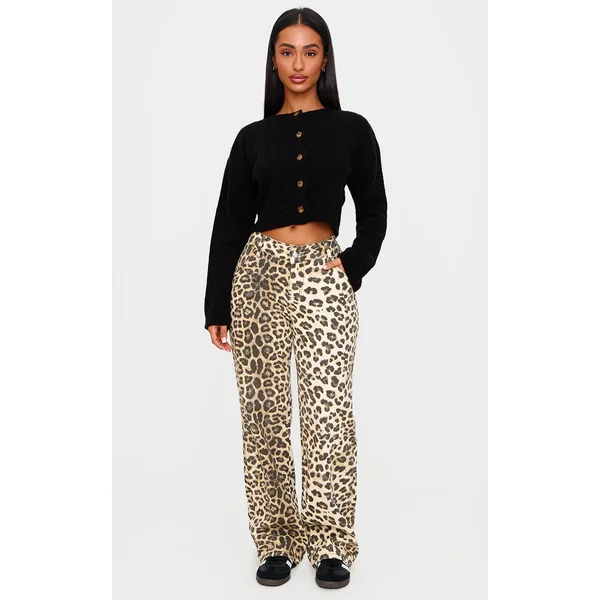 Petite Brown Denim Leopard Print Straight Leg Jeans