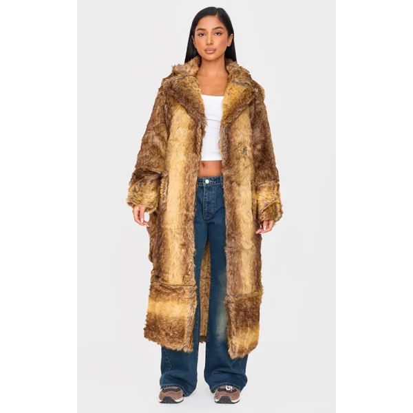 Petite Brown Faux Fur Longline Belted Coat