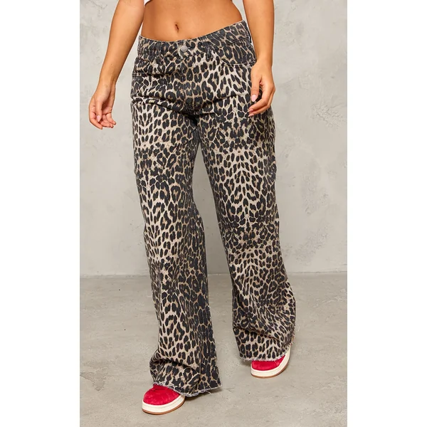 Petite Brown Leopard Print Denim Wide Leg Jeans