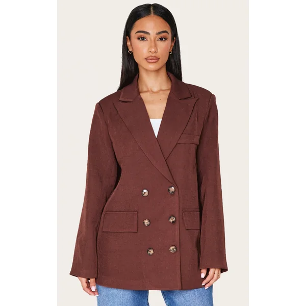Petite Brown Premium Double Breasted Button Detail Blazer