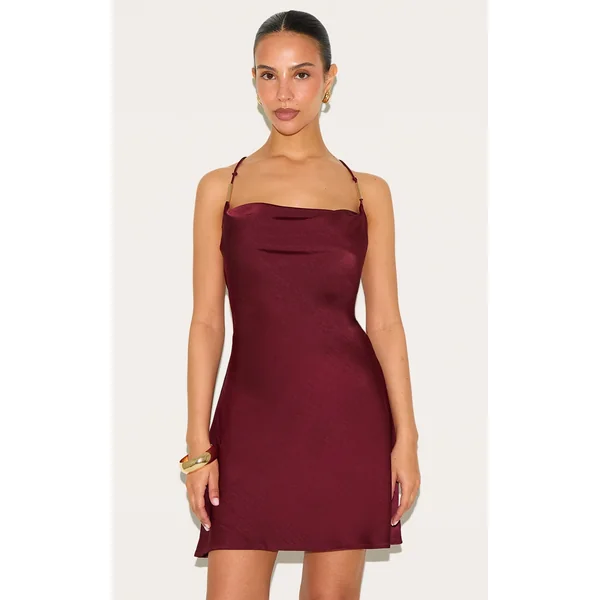 Petite Burgundy Cowl Satin Shift Mini Dress With Trim Details