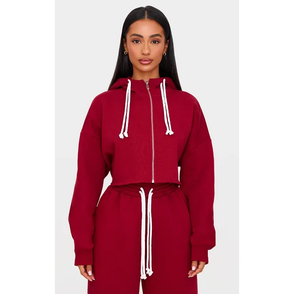 Petite Burgundy Drawstring Cropped Zip Up Hoodie