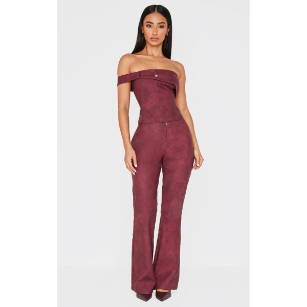 Petite Burgundy Faux Leather Zip Front Flared Pants